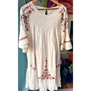 Free People Embroidered Peasant Dress Size L BNWT Ivory 100% Cotton Lined